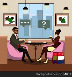 Beauty african american woman and caucasian male drinking coffee and talking in a cafe,cozy restaurant interior with furniture,flat vector illustration. african american woman and caucasian male drinking coffee and t
