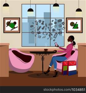 Beauty african american woman drinking coffee in a cafe after shopping,fashion female with smartphone is sitting at a table in cozy restaurant,flat vector illustration.. african american woman drinking coffee in a cafe after shopping,