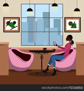 Beauty african american woman drinking coffee in a cafe,fashion female with smartphone is sitting at a table in cozy restaurant,flat vector illustration.. Beauty african american woman drinking coffee in a cafe.