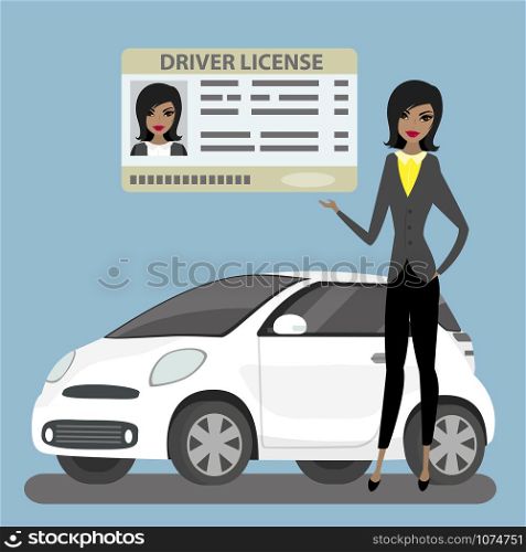 Beauty african american woman holding driving license,modern white car on background,flat vector illuatration. Beauty african american woman holding driving license,