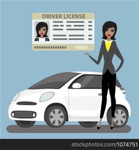 Beauty african american woman holding driving license,modern white car on background,flat vector illuatration. Beauty african american woman holding driving license,