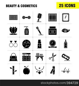 Beauty And Cosmetics Solid Glyph Icons Set For Infographics, Mobile UX/UI Kit And Print Design. Include: Beauty, Buds, Cotton, Makeup, Woman, Cosmetic, Beauty, Love, Icon Set - Vector