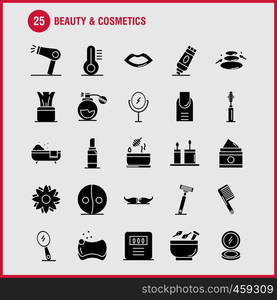 Beauty And Cosmetics Solid Glyph Icons Set For Infographics, Mobile UX/UI Kit And Print Design. Include: Beauty, Cosmetic, Lipstick, Cosmetic, Mortar, Natural, Vessel, Flower, Icon Set - Vector