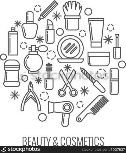 Beauty and cosmetics thin outline vector icons in circle design. Beauty and cosmetics thin outline vector icons in circle design for female, accessories for care illustration