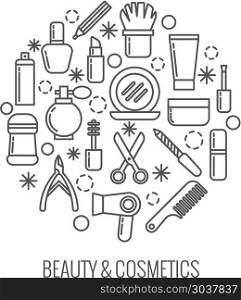 Beauty and cosmetics thin outline vector icons in circle design. Beauty and cosmetics thin outline vector icons in circle design for female, accessories for care illustration