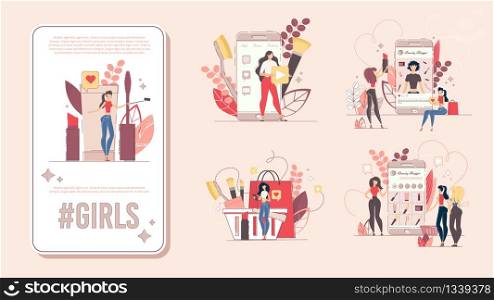 Beauty and Fashion Blogger, Cosmetology Course, Makeup Specialist Vertical Banner, Poster Constructor for Mobile Device. Women Blogger Recommending Products to Audience Trendy Flat Vector Illustration