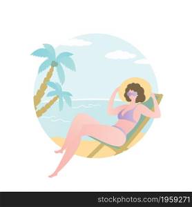 Beauty and fashion girl sitting in a lounge chair on beach,tropical card with female charater, palm tree and ocean.Trendy style vector illustration