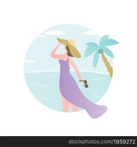 Beauty and fashion girl standing on beach,tropical card with female charater, palm tree and ocean.Trendy style vector illustration