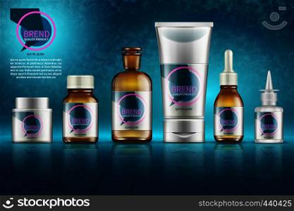 Beauty and health cosmetic vector background with product bottles, tubes and other packaging. Beauty bottle container illustration. Beauty and health cosmetic vector background with product bottles, tubes and other packaging