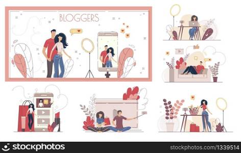 Beauty and Lifestyle Blogger, Internet Content Author, Live Video Streamer, Blogger Viewer Characters Set. Men and Women Using Laptop, Commenting Posts in Internet Trendy Flat Vector Illustration