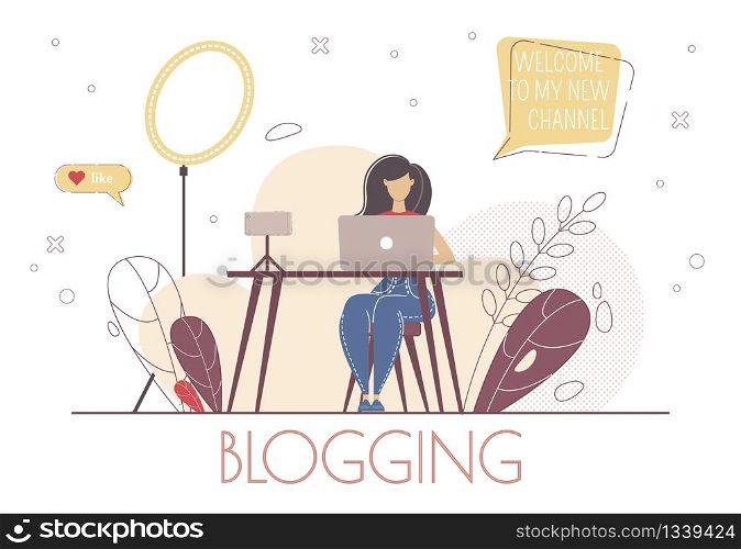 Beauty and Lifestyle Vlogger, Social Media Influencer, Video Content Creator Concept. Woman Sitting at Desk, Using Laptop, Communicating Wit Followers in Social Network Trendy Flat Vector Illustration
