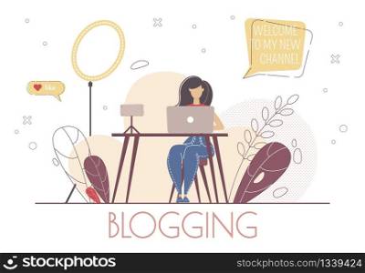 Beauty and Lifestyle Vlogger, Social Media Influencer, Video Content Creator Concept. Woman Sitting at Desk, Using Laptop, Communicating Wit Followers in Social Network Trendy Flat Vector Illustration