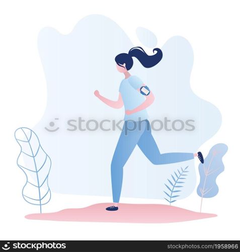 Beauty and slim jogging caucasian girl,outdoor fitness,female runner and nature view on background,trendy flat vector illustration