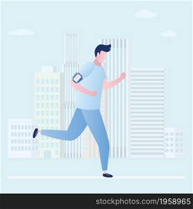 Beauty and slim jogging caucasian man,outdoor fitness,urban view on background,trendy flat vector illustration