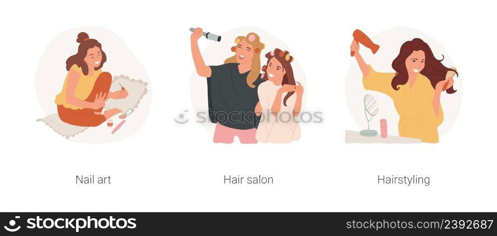 Beauty and styling isolated cartoon vector illustration set. Applying nail polish, teenage girls with curlers at hairdresser salon, making hairstyling at home, use hairdryer vector cartoon.. Beauty and styling isolated cartoon vector illustration set.