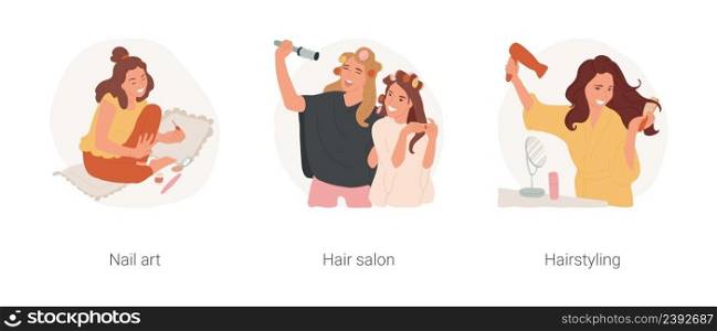 Beauty and styling isolated cartoon vector illustration set. Applying nail polish, teenage girls with curlers at hairdresser salon, making hairstyling at home, use hairdryer vector cartoon.. Beauty and styling isolated cartoon vector illustration set.