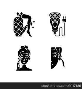 Beauty appliances black glyph icons set on white space. Body scrubber. Electric shaver. Blackhead remover. Eyebrow razor. Smooth, clear skin. Trimmer. Silhouette symbols. Vector isolated illustration. Beauty appliances black glyph icons set on white space