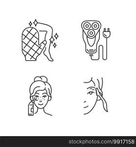 Beauty appliances linear icons set. Body scrubber. Electric shaver. Blackhead remover. Eyebrow razor. Customizable thin line contour symbols. Isolated vector outline illustrations. Editable stroke. Beauty appliances linear icons set