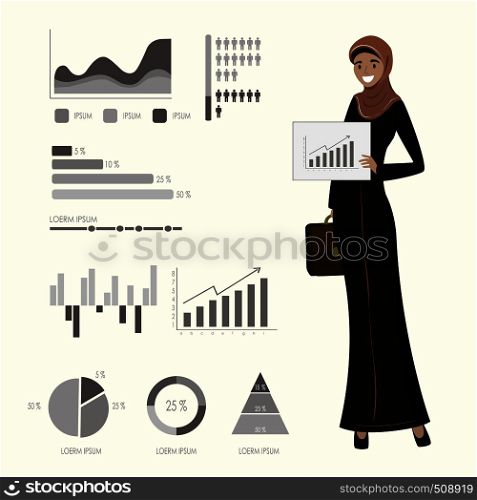Beauty arabic business woman and business graphs,infographics template,cartoon vector illustration. Beauty arabic business woman and business graphs,infographics te