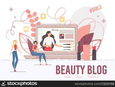 Beauty Blog. Young Woman Recording Video Tutorial Content, Creating Fashion Channel, Styling Vlog Production. Landing Page Design. Girls Followers and Inscribers Watching Cosmetics Presentation. Beauty Blog Video Tutorial Content Landing Page