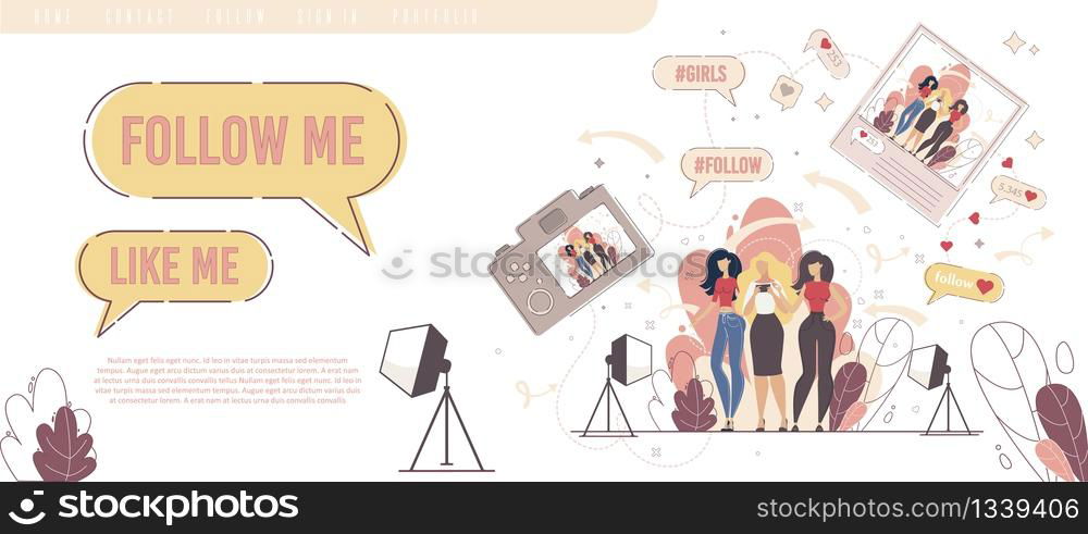 Beauty Blogger, Celebrity Person, Woman Vlogger, Live Streamer Personal Website Landing Page, Web Banner Template. Women Communicating, Posting Photos in Internet Trendy Flat Vector Illustration