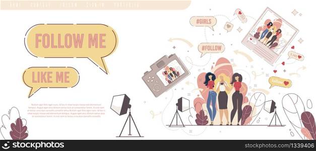 Beauty Blogger, Celebrity Person, Woman Vlogger, Live Streamer Personal Website Landing Page, Web Banner Template. Women Communicating, Posting Photos in Internet Trendy Flat Vector Illustration
