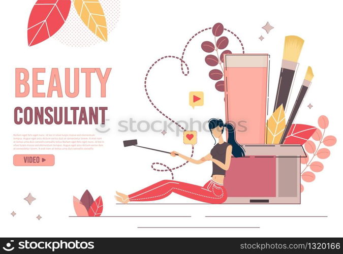 Beauty Blogger Consultant Landing Page Production. Young Woman Shooting Recording Sharing Cosmetics and Skincare Products Review on Mobile Phone. Social Media Network and Blogging. Followers Increase. Beauty Blogger Consultant Landing Page Production