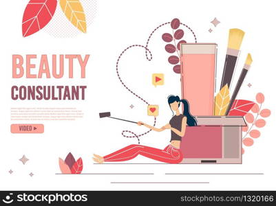Beauty Blogger Consultant Landing Page Production. Young Woman Shooting Recording Sharing Cosmetics and Skincare Products Review on Mobile Phone. Social Media Network and Blogging. Followers Increase. Beauty Blogger Consultant Landing Page Production
