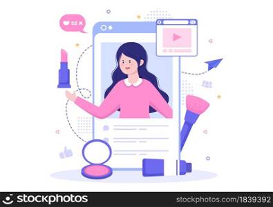 Beauty Blogger Content Creator Background of Recording Makeup Tutorial Video and Showing Cosmetic Products Vector Illustration
