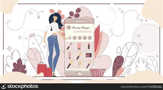 Beauty Blogger, Cosmetics Products Online Store Consultant, Make Up Specialist Concept. Woman Searching, Choosing Accessories and Tools for Makeup on Smartphone Screen Trendy Flat Vector Illustration. Beauty Blogger Shopping Flat Vector Concept