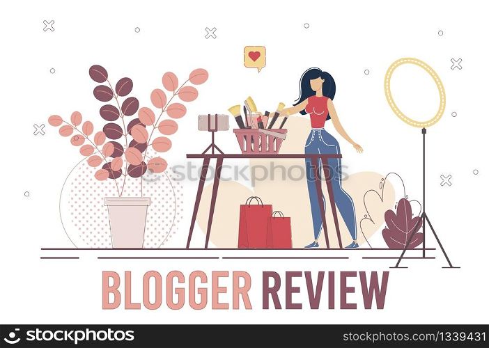 Beauty Blogger Cosmetics Products Review Concept. Woman Presenting Goods for Makeup, Shooting Live Video About Brand Advantages, Promoting Accessories to Followers Trendy Flat Vector Illustration