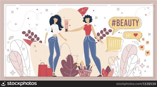 Beauty Blogger, Cosmetology Online Consultant, Make Up Specialist Concept. Woman Recommending Cosmetics, Shopping Products for Skincare, Blogger Advertising Brand Trendy Flat Vector Illustration