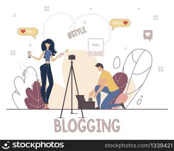 Beauty Blogger, Fashion and Style Vlogger Review Video Concept. Blogging People, Woman Promoting Cosmetics Brand, Recommending Product for Makeup to Channel Follower Trendy Flat Vector Illustration