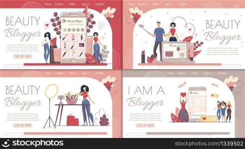 Beauty Blogger, Fashion, Style Vlogger, Cosmetics Review Channel, Hosting Service for Bloggers Web Banner, Landing Page Set. Blogging People Characters, Online Audience Trendy Flat Vector Illustration