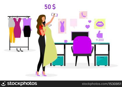 Beauty blogger flat vector illustration. Vlogger streaming video. Social media content. Womens blog. Stylist tutorial. Clothing online review. Isolated cartoon character on white background