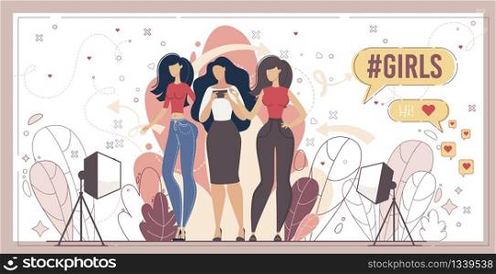 Beauty Blogger Followers and Subscribers, Video Channel Streamer Viewers Concept. Group of Young Women Watching Stream, Communicating in Social Network with Cellphone Trendy Flat Vector Illustration