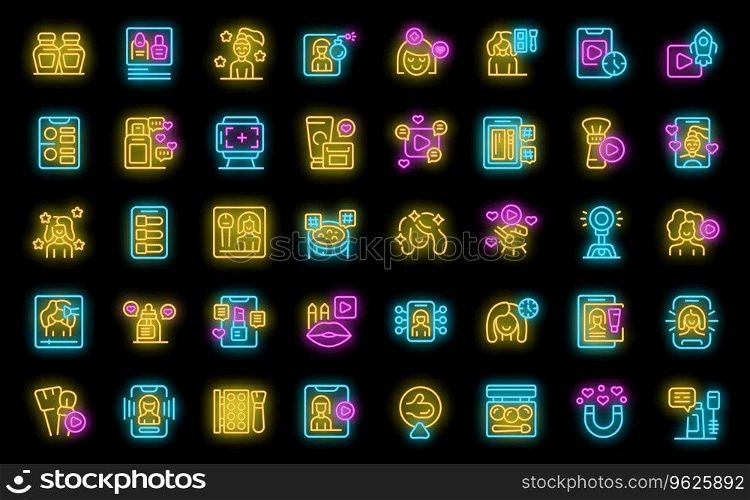 Beauty blogger icons set outline vector. Influence woman. Fashion girl neon color on black. Beauty blogger icons set vector neon