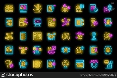 Beauty blogger icons set outline vector. Influence woman. Fashion girl neon color on black. Beauty blogger icons set vector neon