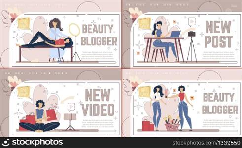 Beauty Blogger Live Stream Channel, Makeup Consultant Video Blog, Giveaway Promotion Campaign Web Banner, Landing Page Templates Set. Woman Reviewing Cosmetics Product Trendy Flat Vector Illustration