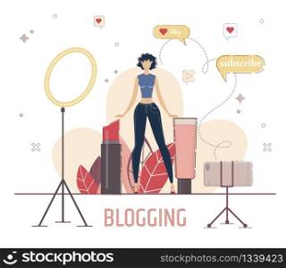 Beauty Blogger Live Stream Concept. Woman Recording Video with Smartphone, Reviewing Cosmetics Products, Testing Goods for Makeup, Recommending Brand to Subscriber Trendy Flat Vector Illustration
