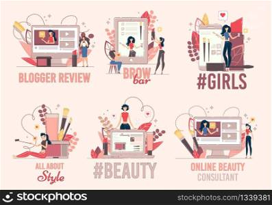 Beauty Blogger or Vlogger, Fashion Video Channel, Beauty Saloon Service, Cosmetics Brand Blog Banners Set. Women Watching Vlog, Streaming Video, Consulting Followers Trendy Flat Vector Illustration