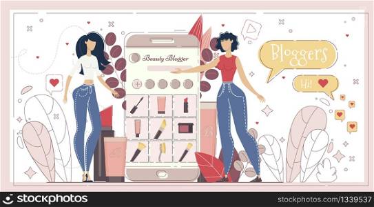 Beauty Blogger Shopping Guide, Cosmetics Products Video Reviews Channel, Makeup Accessories Online Store Concept. Blogger Recommending, Promoting Goods to Follower Trendy Flat Vector Illustration