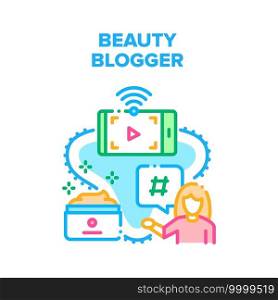 Beauty Blogger Vector Icon Concept. Beauty Blogger Occupation, Woman Recording Video And Giving Advice And Review About Cosmetics And Perfume. Fashion Vlogger Channel Color Illustration. Beauty Blogger Vector Concept Color Illustration