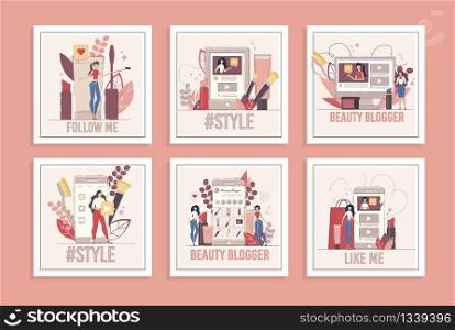 Beauty Blogger, Vlog Channel About Style and Fashion, Video Streamer Account in Social Network Square Banners Set. Blogging and Streaming Women Characters near Smartphone Flat Vector Illustration