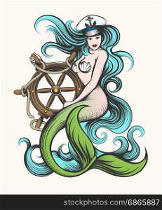 Beauty blue haired siren mermaid in captain hat holds steering wheel in her hands. Colorful Vector illustration in tattoo style.