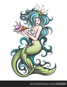 Beauty blue haired siren mermaid with golden crown with seashell in her hands. Colorful Vector illustration in tattoo style.