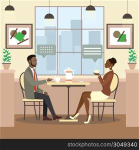 Beauty business people drinking coffee in a cafe,fashion african american femaleand male is sitting at a table in cozy restaurant,flat vector illustration. Beauty business people drinking coffee in a cafe