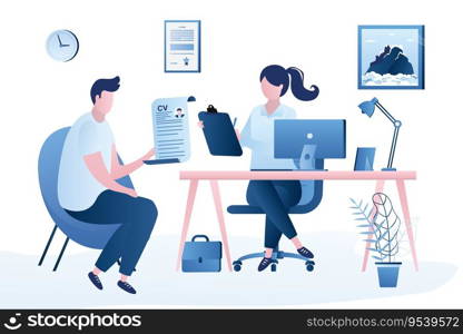 Beauty businesswoman boss or HR specialist having an interview with job applicant. Job interview, employment process, choosing a candidate concept. Male candidate with cv resume.Vector illustration