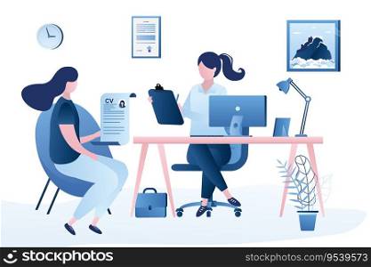 Beauty businesswoman boss or HR specialist having an interview with job applicant. Job interview, employment process, choosing a candidate concept. Female candidate with cv resume.Vector illustration