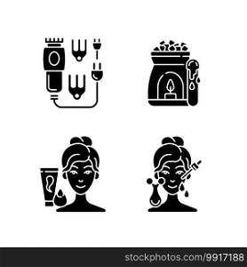 Beauty care appliances black glyph icons set on white space. Electric hair clippers. Wax warmer. Makeup sponge. Microcurrent massager. Hair trimmer. Silhouette symbols. Vector isolated illustration. Beauty care appliances black glyph icons set on white space